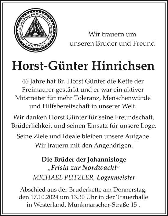 Traueranzeige von Horst-Günter Hinrichsen von Sylter Rundschau