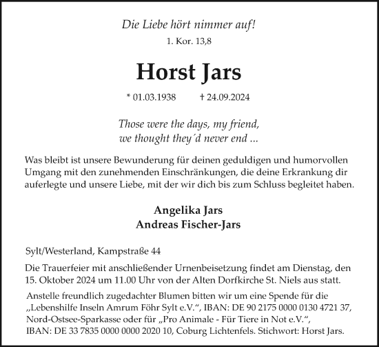 Traueranzeige von Horst Jars von Sylter Rundschau