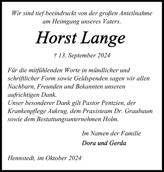 Traueranzeige von Horst Lange von Norddeutsche Rundschau, Wilstersche Zeitung, Glückstädter Fortuna