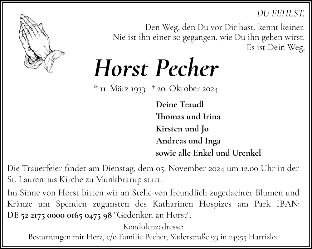  Traueranzeige für Horst Pecher vom 26.10.2024 aus Flensburger Tageblatt