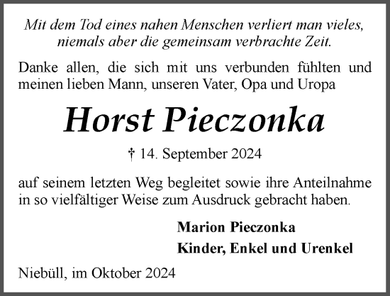 Traueranzeige von Horst Pieczonka von Husumer Nachrichten, Nordfriesland Tageblatt