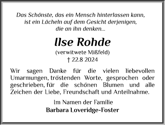 Traueranzeige von Ilse Rohde von Schleswiger Nachrichten, Schlei-Bote