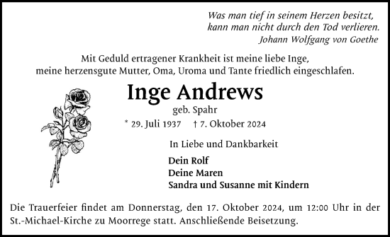 Traueranzeige von Inge Andrews von Uetersener Nachrichten, Der tip am Wochenende