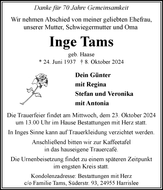 Traueranzeige von Inge Tams von Flensburger Tageblatt