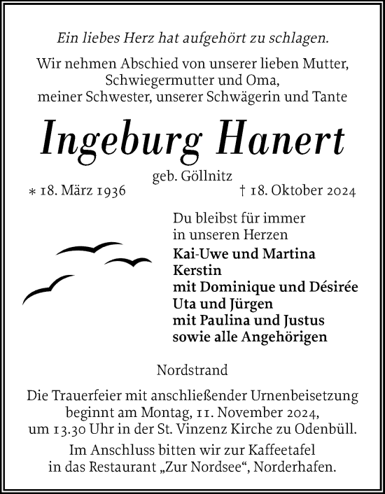 Traueranzeige von Ingeburg Hanert von Husumer Nachrichten, Nordfriesland Tageblatt