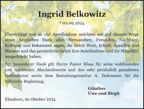 Traueranzeige von Ingrid Belkowitz von Elmshorner Nachrichten, Barmstedter Zeitung