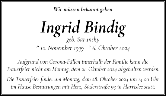 Traueranzeige von Ingrid Bindig von Flensburger Tageblatt