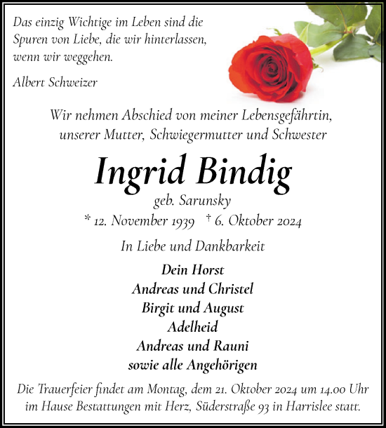 Traueranzeige von Ingrid Bindig von Flensburger Tageblatt