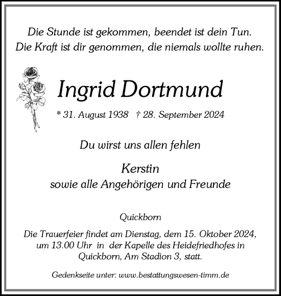 Traueranzeige von Ingrid Dortmund von Region Pinneberg und tip Pinneberg