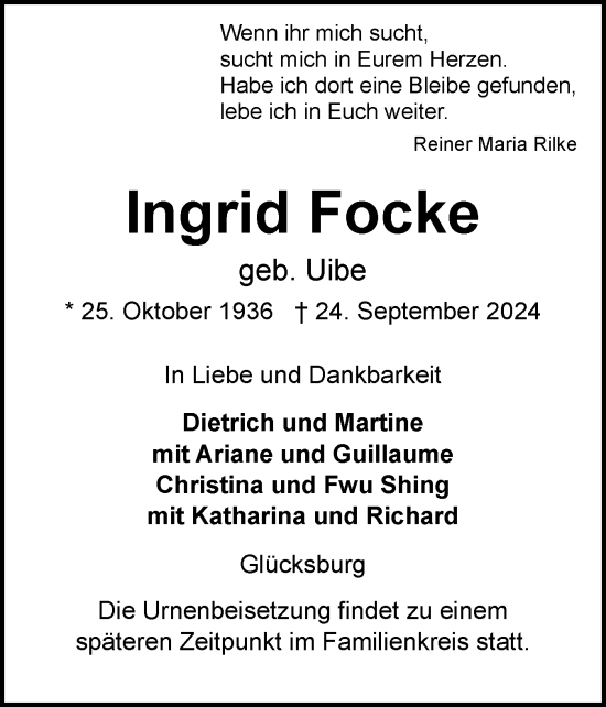 Traueranzeige von Ingrid Focke von Flensburger Tageblatt