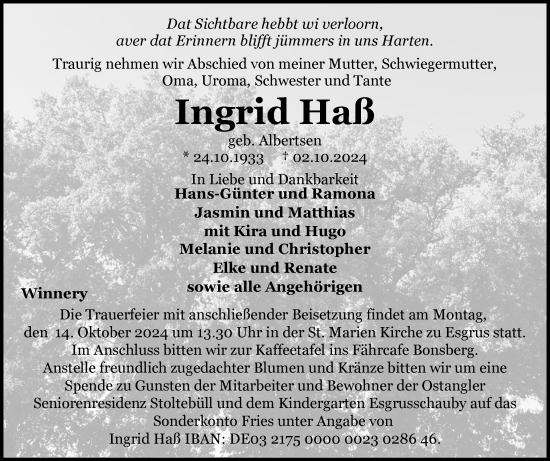 Traueranzeige von Ingrid Haß von Region Flensburg