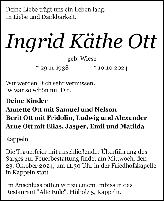 Traueranzeige von Ingrid Käthe Ott von Flensburger Tageblatt, Schleswiger Nachrichten, Schlei-Bote