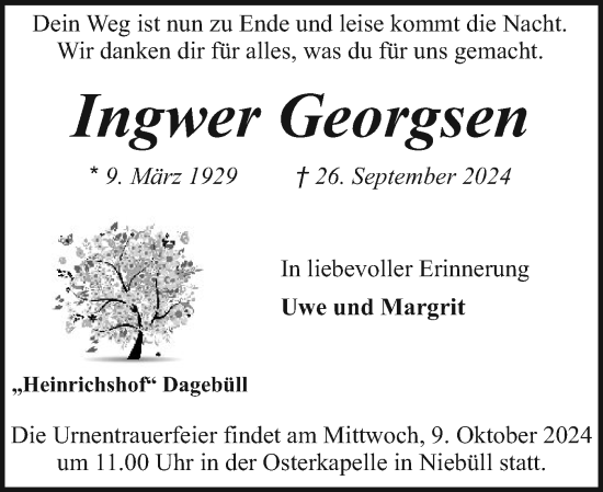 Traueranzeige von Ingwer Georgsen von Husumer Nachrichten, Nordfriesland Tageblatt