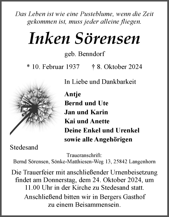 Traueranzeige von Inken Sörensen von Husumer Nachrichten, Nordfriesland Tageblatt