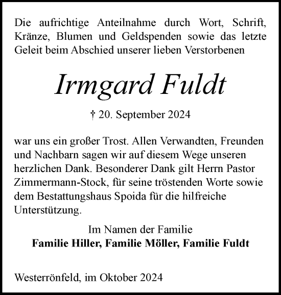 Traueranzeige von Irmgard Fuldt von Schleswig-Holsteinische Landeszeitung