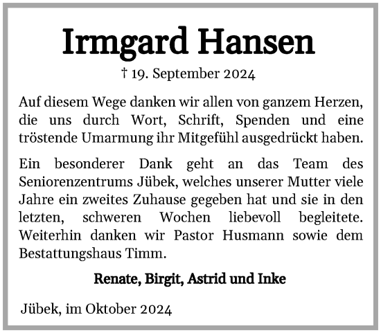 Traueranzeige von Irmgard Hansen von Schleswiger Nachrichten, Schlei-Bote