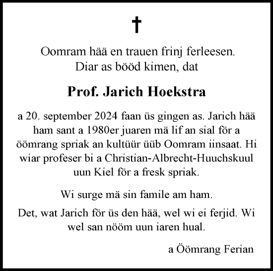 Traueranzeige von Jarich Hoekstra von Der Insel-Bote