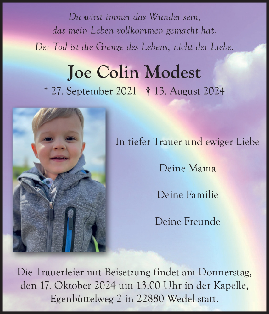  Traueranzeige für Joe Colin Modest vom 12.10.2024 aus Wedel-Schulauer Tageblatt, tip Wedel-Schulauer Tageblatt, tip Rissener Rundschau