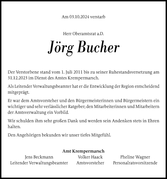 Traueranzeige von Jörg Bucher von Norddeutsche Rundschau, Wilstersche Zeitung, Glückstädter Fortuna