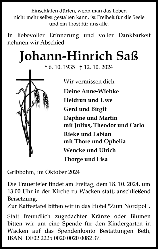 Traueranzeige von Johann-Hinrich Saß von Norddeutsche Rundschau, Wilstersche Zeitung, Glückstädter Fortuna