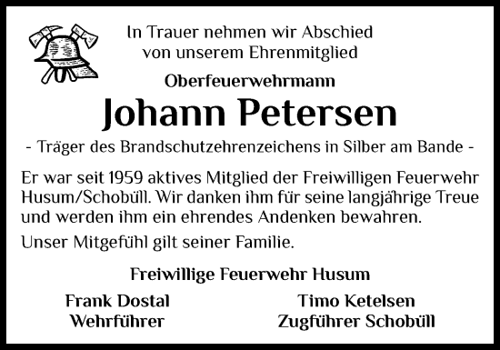 Traueranzeige von Johann Petersen von Husumer Nachrichten, Nordfriesland Tageblatt