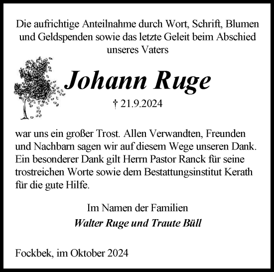 Traueranzeige von Johann Ruge von Schleswig-Holsteinische Landeszeitung