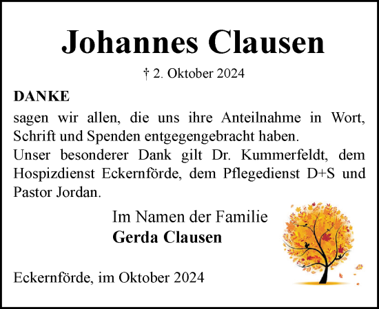 Traueranzeige von Johannes Clausen von Eckernförder Zeitung, Hallo Eckernförde