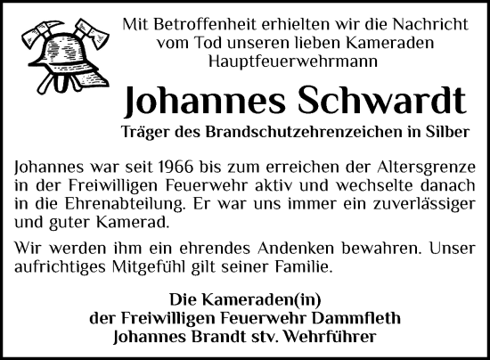 Traueranzeige von Johannes Schwardt von Norddeutsche Rundschau, Wilstersche Zeitung, Glückstädter Fortuna