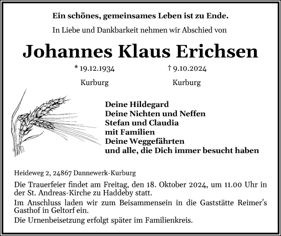 Traueranzeige von Johannes Klaus Erichsen von Schleswiger Nachrichten, Schlei-Bote