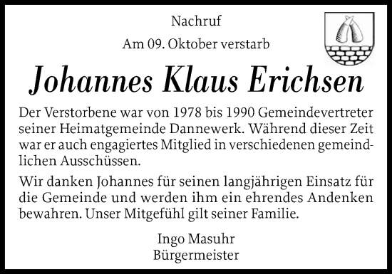 Traueranzeige von Johannes Klaus Erichsen von Schleswiger Nachrichten, Schlei-Bote