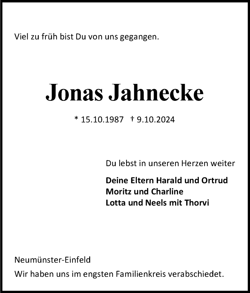  Traueranzeige für Jonas Jahnecke vom 26.10.2024 aus Holsteinischer Courier
