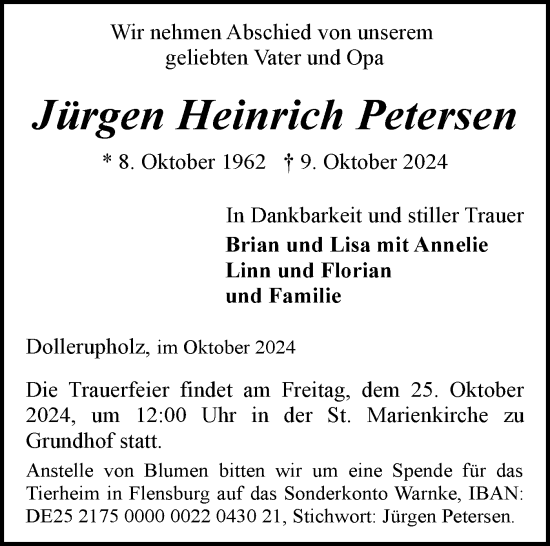 Traueranzeige von Jürgen Heinrich Petersen von Flensburger Tageblatt