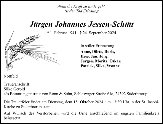 Traueranzeige von Jürgen Johannes Jessen-Schütt von Schleswiger Nachrichten, Schlei-Bote