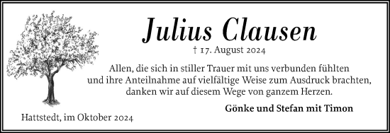 Traueranzeige von Julius Clausen von Husumer Nachrichten, Nordfriesland Tageblatt