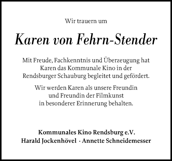 Traueranzeige von Karen von Fehrn-Stender von Schleswig-Holsteinische Landeszeitung