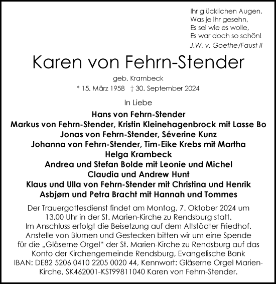 Traueranzeige von Karen von Fehrn-Stender von Schleswig-Holsteinische Landeszeitung