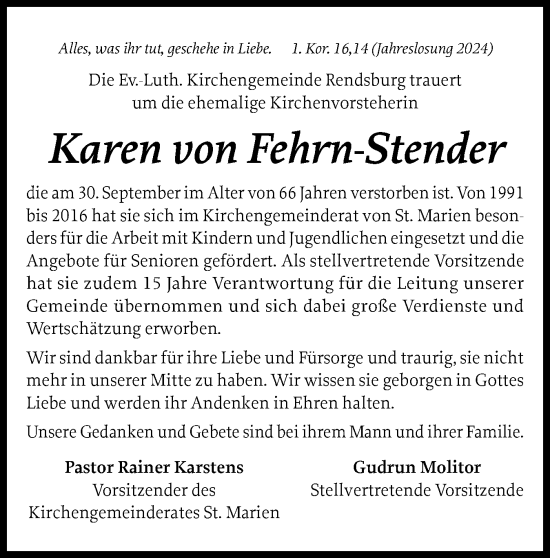 Traueranzeige von Karen von Fehrn-Stender von Schleswig-Holsteinische Landeszeitung