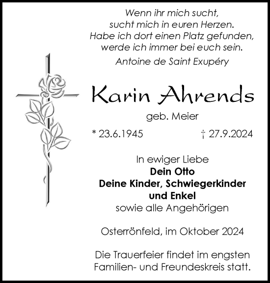 Traueranzeige von Karin Ahrends von Schleswig-Holsteinische Landeszeitung