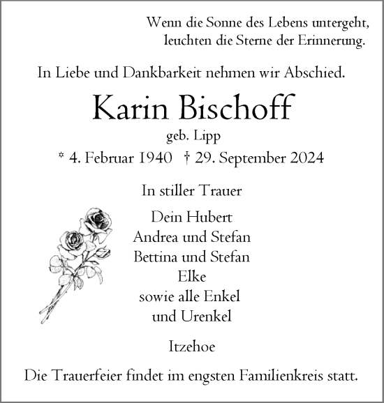 Traueranzeige von Karin Bischoff von Norddeutsche Rundschau, Wilstersche Zeitung, Glückstädter Fortuna