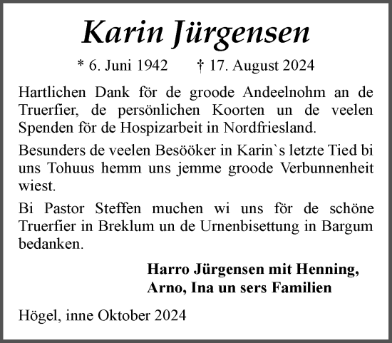 Traueranzeige von Karin Jürgensen von Husumer Nachrichten, Nordfriesland Tageblatt