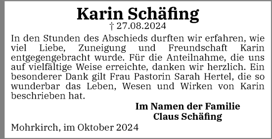 Traueranzeige von Karin Schäfing von Flensburger Tageblatt, Schleswiger Nachrichten, Schlei-Bote