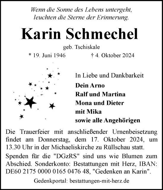 Traueranzeige von Karin Schmechel von Flensburger Tageblatt