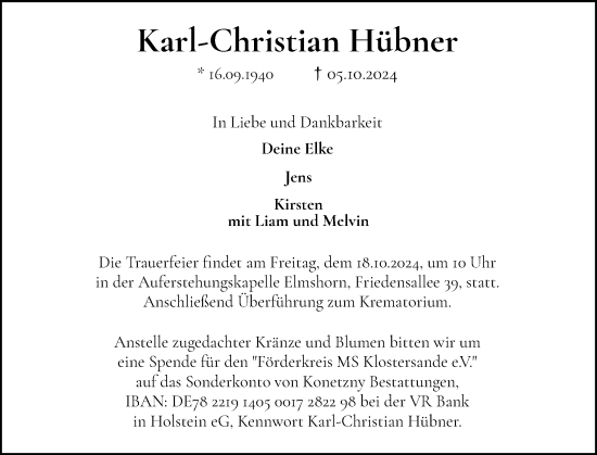 Traueranzeige von Karl-Christian Hübner von Elmshorner Nachrichten, Barmstedter Zeitung