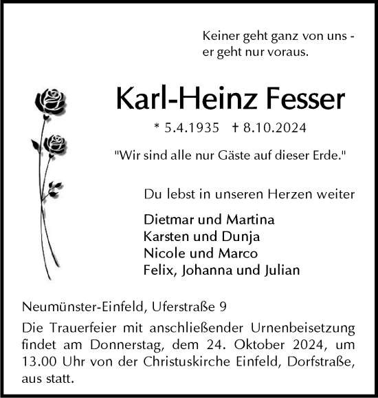 Traueranzeige von Karl-Heinz Fesser von Holsteinischer Courier