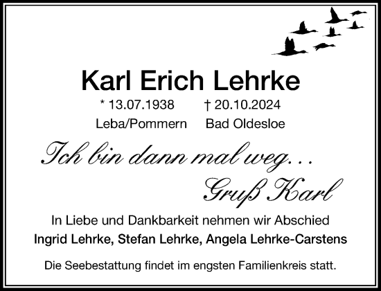 Traueranzeige von Karl Erich Lehrke von Stormaner Tageblatt