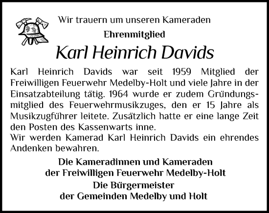 Traueranzeige von Karl Heinrich Davids von Flensburger Tageblatt