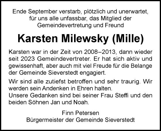 Traueranzeige von Karsten Milewsky von Flensburger Tageblatt