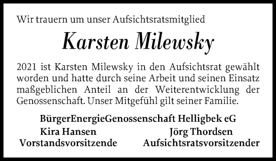 Traueranzeige von Karsten Milewsky von Flensburger Tageblatt, Schleswiger Nachrichten, Schlei-Bote