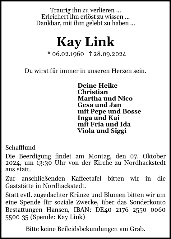 Traueranzeige von Kay Link von Region Flensburg