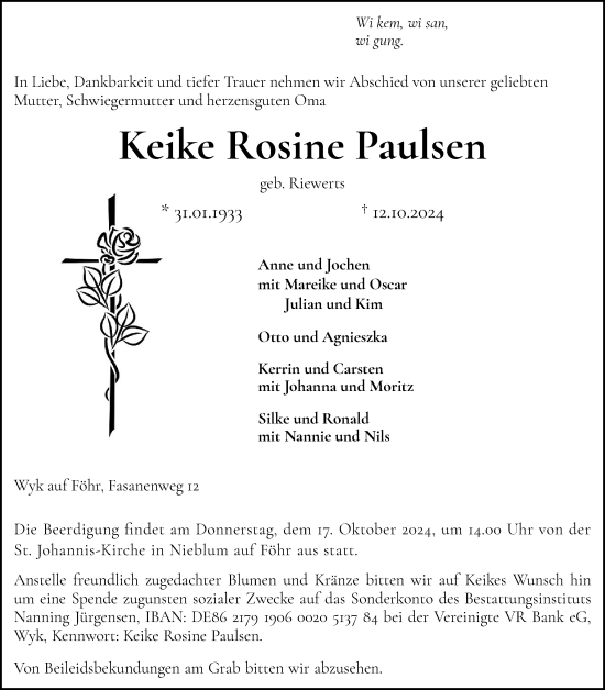 Traueranzeige von Keike Rosine Paulsen von Der Insel-Bote